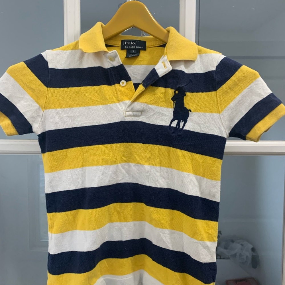Ralph Lauren Kids Polo Shirt - Yellow, Navy, White Stripes A12